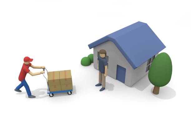 A delivery robot delivers. Courier will deliver. deliver the goods to the house. stock photo