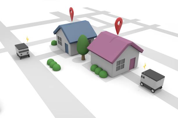 A robot running on a map. A delivery robot delivers. deliver the goods to the house. A robot that works automatically. stock photo