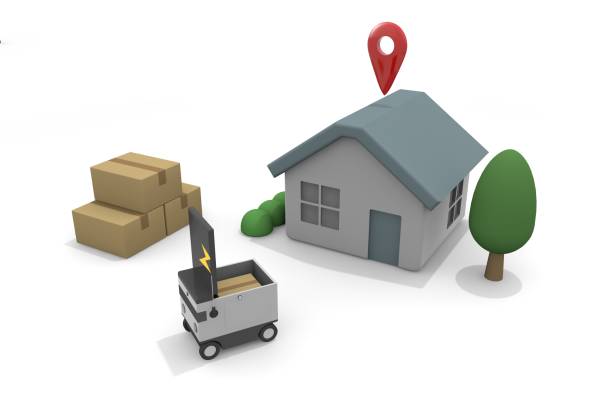 A delivery robot delivers. deliver the goods to the house. A robot that works automatically. stock photo