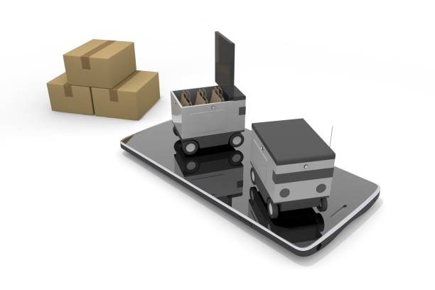 An app-controlled delivery robot. Check your luggage on your smartphone. delivery and receipt. Cardboard luggage. stock photo