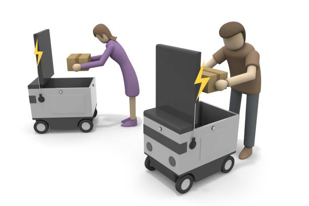 An app-controlled delivery robot. Check your luggage on your smartphone. delivery and receipt. Cardboard luggage. stock photo