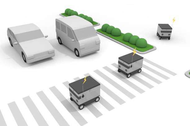 istock Recognize the terrain and drive automatically. An unmanned machine works. A delivery robot runs through the city. A robot that delivers automatically. 1456482837
