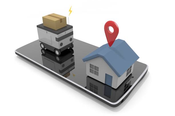 Smartphones and delivery apps. Delivery robot and parcel cardboard. Recognize destinations on the map. stock photo