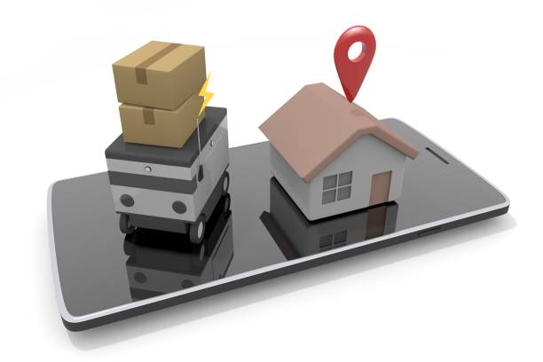 Smartphones and delivery apps. Delivery robot and parcel cardboard. Recognize destinations on the map. stock photo