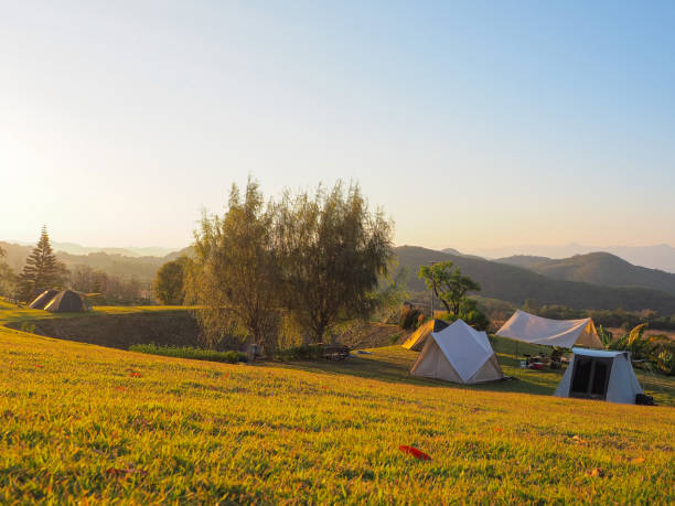 istock Camping tent in campground on the hillside with morning sunlight. 1456489194