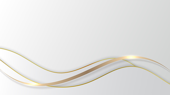 Abstract 3D luxury golden wave form ribbon lines elements with glowing light effect on background. Vector graphic illustration.