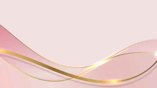 Vector illustration of Abstract 3D luxury golden wave form ribbon lines elements with glowing light effect on pink background.