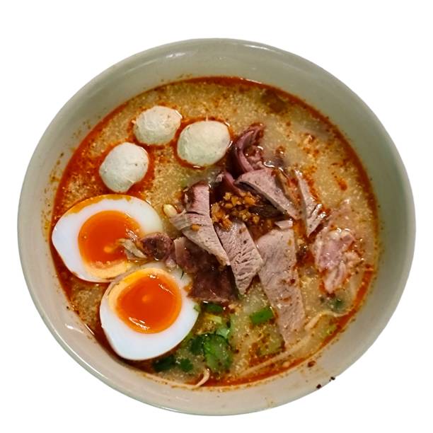istock Duck noodles with boiled eggs in a bowl. Add meatballs, fried garlic and coriander. isolate white background. 1456492334