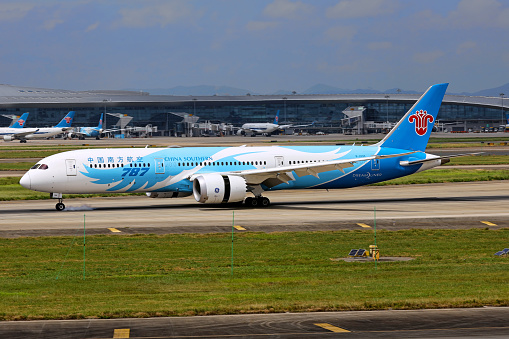 A Boeing 787 operated by China Southern Airlines lands in Guangzhou Baiyun airport