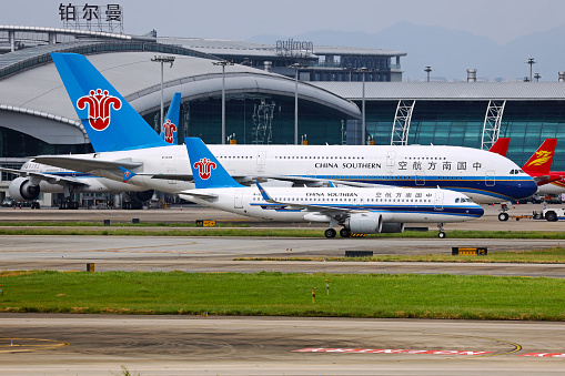 Airbus A380 and A320 aircrafts operated by China Southern Airlines in Guangzhou Baiyun airport