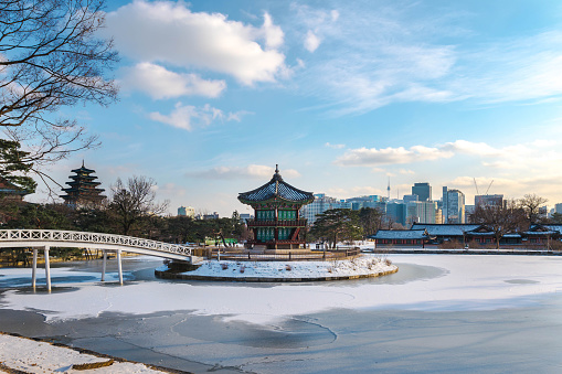 Snow winter of the palace Gyeongbokgung in Seoul, South Korea.