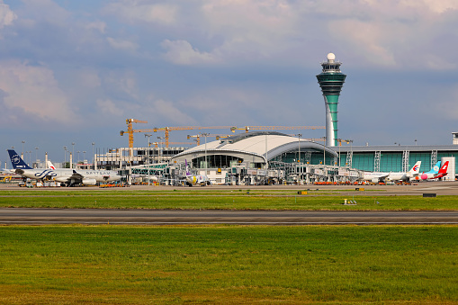 External view of Guangzhou Baiyun International airport terminal and control tower