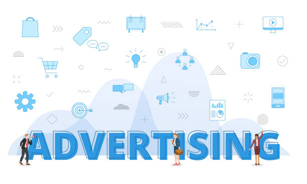 istock advertising concept with big words and people surrounded by related icon with blue color style 1456494715