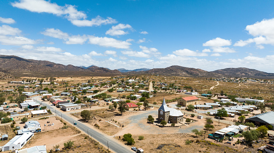 Aerial view of Kamieskroon town near Springbok and Garies in the Northern Cape, South Africa, in the centre of the annual springtime wild flower viewing tourism industry.