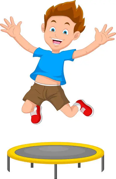 Vector illustration of cartoon little boy playing trampoline