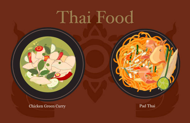 green curry chicken and pad thai green curry chicken and pad thai thai food pad thai stock illustrations