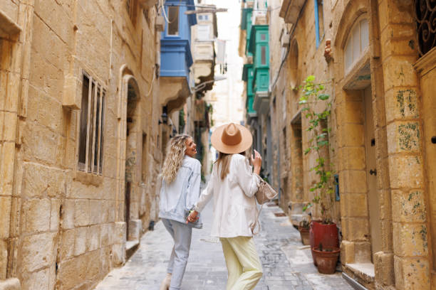 istock Happy travelers in old Mediterranean town 1456500206