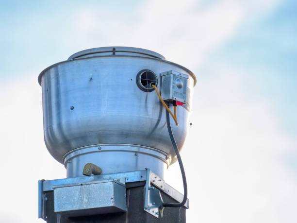 an outdoor side part of a commercial exhaust hood fan. - exhaust fan imagens e fotografias de stock