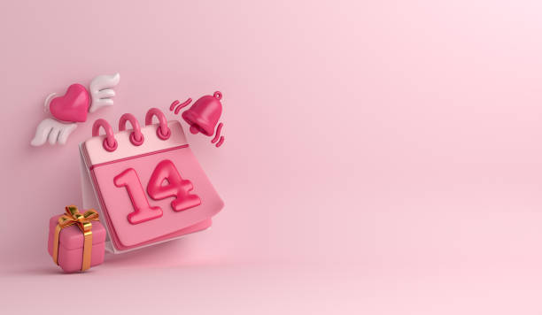 istock Happy Valentines day background with calendar date 14, gift box, heart shape wing, bell notification copy space text, 3D rendering illustration 1456501142
