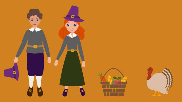 순례자들과 추수 감사절 배경 - thanksgiving pilgrim turkey little girls stock illustrations