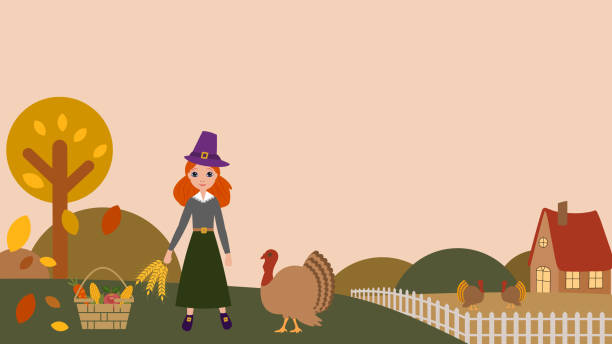 농장에서 순례자 소녀와 함께 추수 감사절 그림 - thanksgiving pilgrim turkey little girls stock illustrations