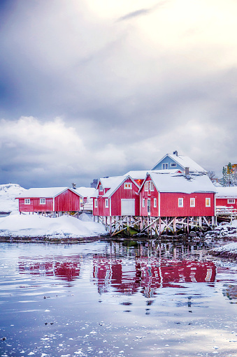 Snowing fishing town of Svolvaer in the Lofoten in Norway