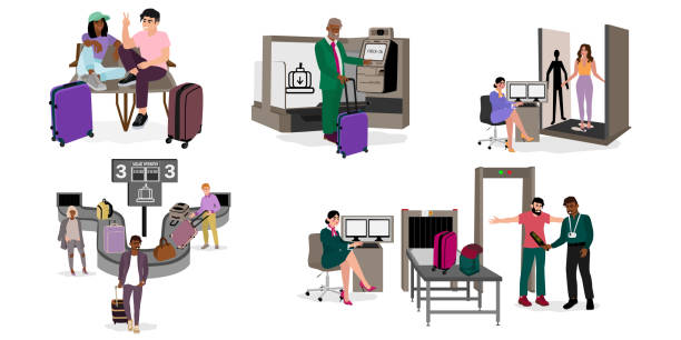 illustrations, cliparts, dessins animés et icônes de ensemble de scènes avec des personnes dans l’aéroport international - airport security staff