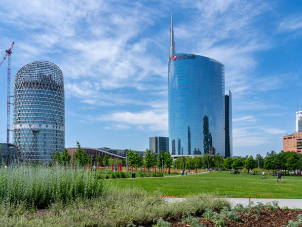 Milano, Italy. The iconic Unicredit tower and the BAM public park. Skyscraper which is part of a group of residential and business buildings stock photo
