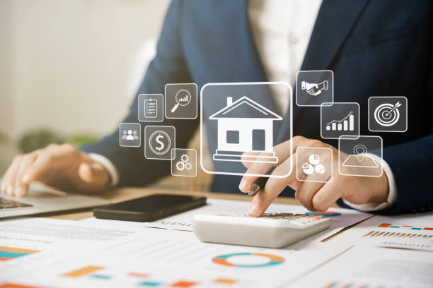 istock Real Estate Concept, Home Loan Application, Evergy Performance Assessment and Property Value with Location Icon. Contracts and price diagrams. 1456509681