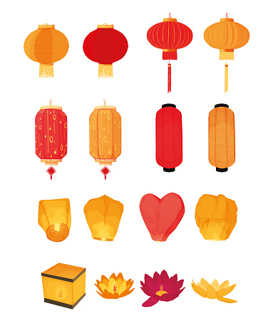 set of Chinese lanterns of different types isolated on white background. Traditional hanging lanterns. Sky lanterns. Water (floating) lanterns. Chinese New Year. ethnic decorations. vector flat