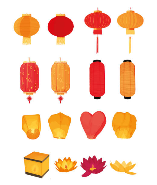 set of Chinese lanterns of different types isolated on white background. Traditional hanging lanterns. Sky lanterns. Water (floating) lanterns. Chinese New Year. ethnic decorations. set of Chinese lanterns of different types isolated on white background. Traditional hanging lanterns. Sky lanterns. Water (floating) lanterns. Chinese New Year. ethnic decorations. vector flat chinese lantern stock illustrations