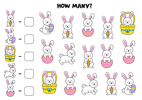 Count all Easter rabbits and write the number into box. Math game for kids.