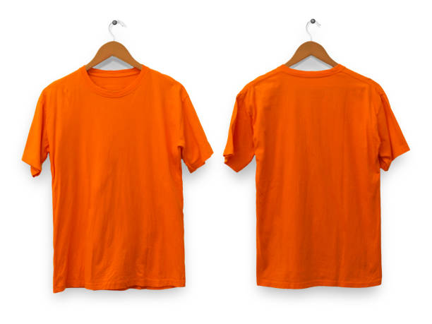 istock Orange t-shirt mock up, front and back view, isolated. Plain orange shirt mockup. Tshirt design template 1456511664