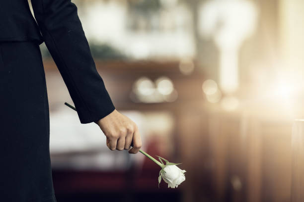 Flower, funeral and hand holding rose in mourning at death ceremony with grief for loss burial. Floral, church or cemetary with person holding plant for sad bereavement or cemetary event in a chapel Flower, funeral and hand holding rose in mourning at death ceremony with grief for loss burial. Floral, church or cemetary with person holding plant for sad bereavement or cemetary event in a chapel undertaker stock pictures, royalty-free photos & images