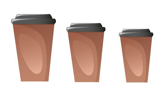 Coffee cups with a lid made of kraft paper. three sizes. Large, medium, small. Vector cartoon realistic set of Coffee Cups. mockup. Takeaway coffee or tea. Paper or Plastic Disposable Packaging.