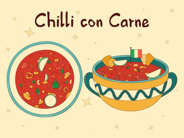 Vector illustration of Mexican traditional food. Chilli con Carne. Vector illustration in hand drawn style