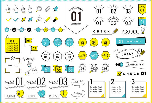번호 글머리 기호가 설정되었습니다. 이 그림에는 화살표, 장식품, �프레임, 리본 및 많은 단순한 디자인 요소가 포함되어 있습니다. 다채로운 버전 - design element infographic symbol icon set stock illustrations
