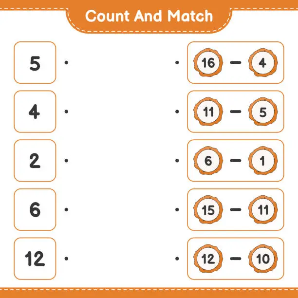 Vector illustration of Count and match, count the number of Cookie and match with the right numbers. Educational children game, printable worksheet, vector illustration