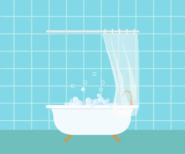 Vector illustration of Retro clawfoot bath on blue background. Home interior concept