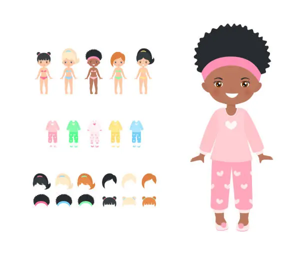 Vector illustration of African American chibi girl dressed in pajamas. Dress up paper doll