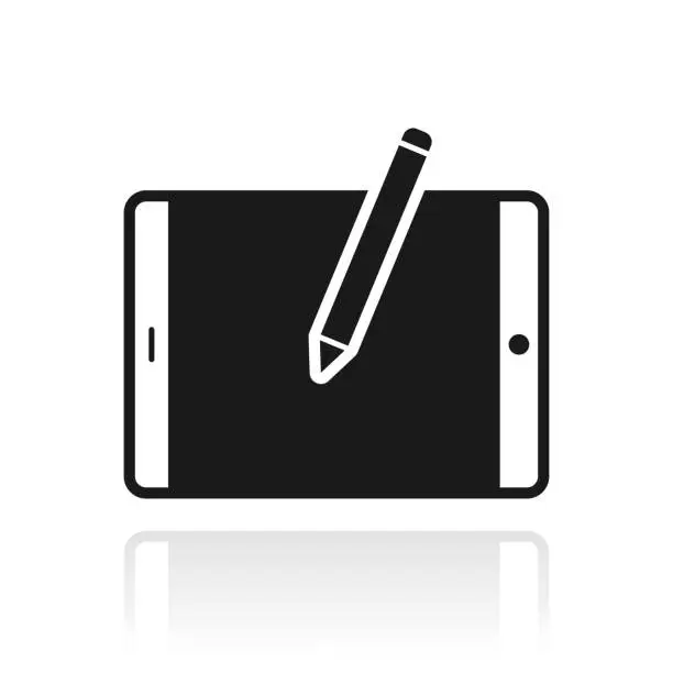 Vector illustration of Tablet PC with pen - Horizontal position. Icon with reflection on white background