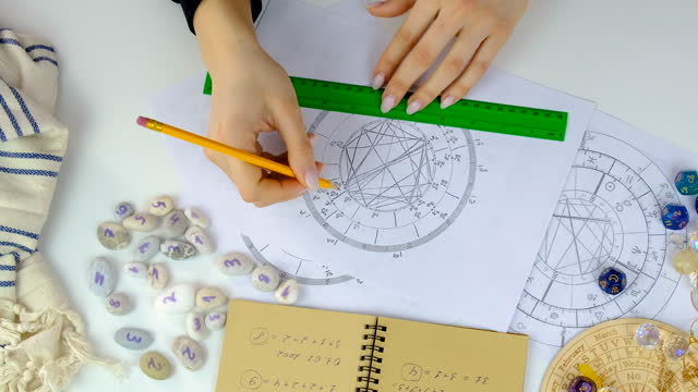 Woman astrologer draws a natal chart. Selective focus. People.