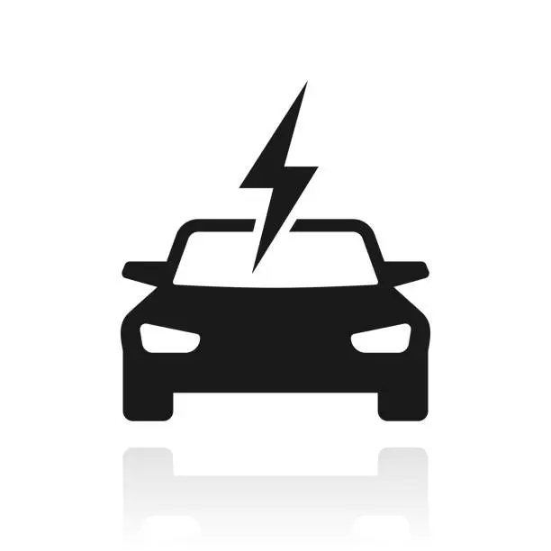 Vector illustration of Electric car in charge. Icon with reflection on white background