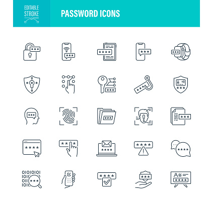 Password Icon Set. Editable Stroke. Contains such icons as Digital Authentication, Verification, Privacy Protection, Face Identification, Fingerprint Scanner
