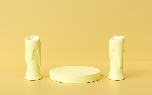 Candles and empty product presentation pedestal podium stage on the pastel colored background