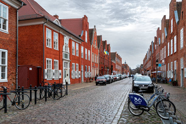Potsdam, Germany - January 02, 2023: Old red brick residential houses in the historical touristic district in Potsdam, Germany. Travelling destination