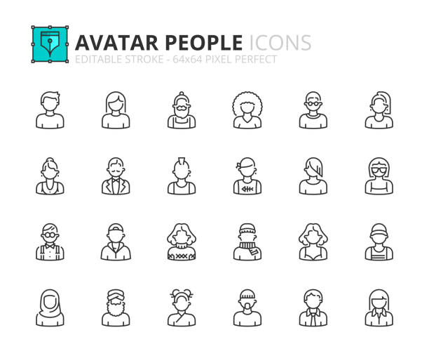 Simple set of outline icons about avatar  people. Outline icons about avatar people. Contains such icons as elegant, modern, urban, geek, afro, punk,  hipster, rock, emo, classic and rap style. Editable stroke Vector 64x64 pixel perfect avatar symbols stock illustrations