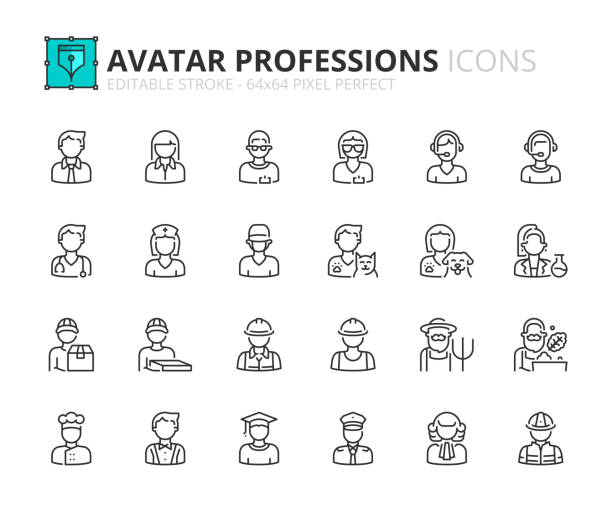 Simple set of outline icons about avatar professions. Outline icons about avatar professions. Contains such icons as businessman, police, chef, telemarketer, shopkeeper, waiter, doctor and veterinary. Editable stroke Vector 64x64 pixel perfect avatar stock illustrations