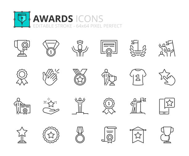 Simple set of outline icons about awards and acknowledgements Line icons about awards and acknowledgements. Contains such icons as medal, trophy, the best, achievement, excellence and certificate. Editable stroke Vector 64x64 pixel perfect laureate stock illustrations