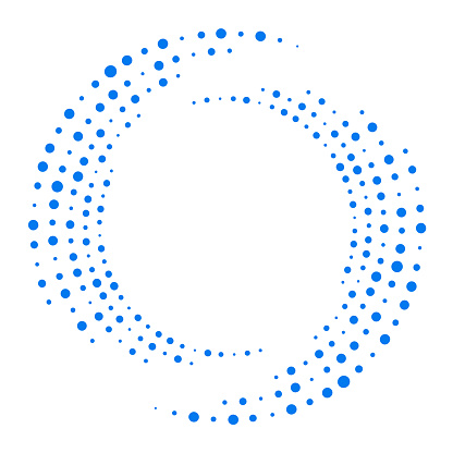 Vector set of halftone dotted background in circle form. Circle random dots, circular and radial lines volute, helix, radiating rotation vortex arc, spiral, swirl - vector
